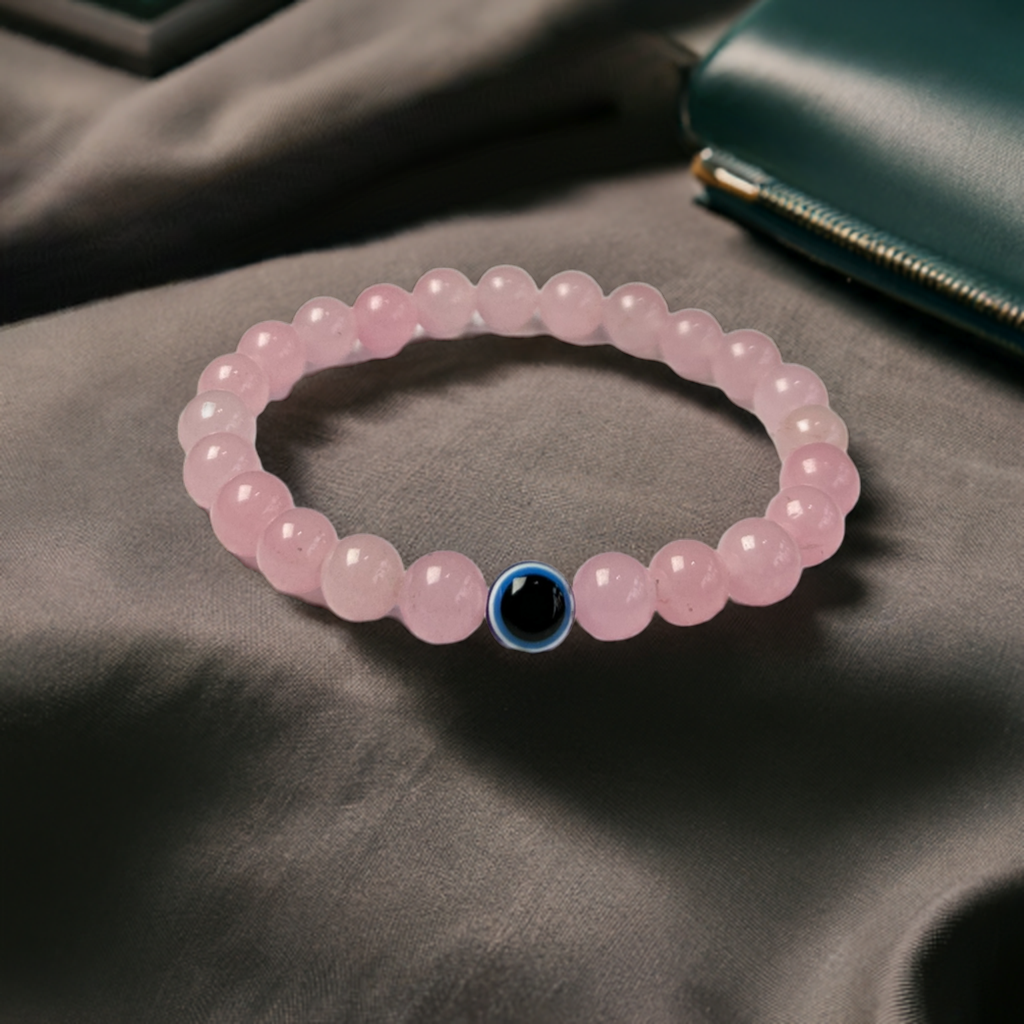 Natural Rose Quartz with Evil Eye Bracelet